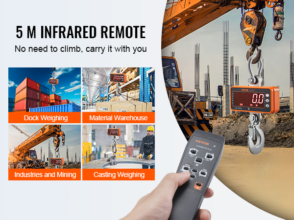 VEVOR digital crane scale with 5m infrared remote for dock weighing, material warehouse, industries, and casting.