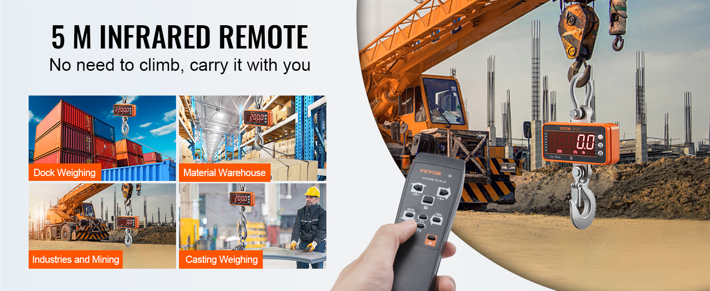VEVOR digital crane scale with 5m infrared remote for dock weighing, material warehouse, industries, and casting.