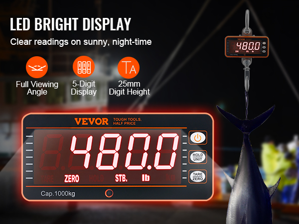 VEVOR digital crane scale with led bright 5-digit display and full viewing angle for clear readings.