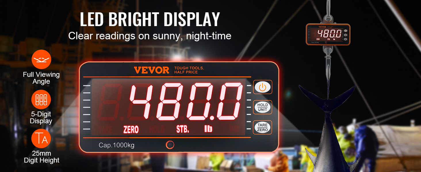 VEVOR digital crane scale with led bright 5-digit display and full viewing angle for clear readings.