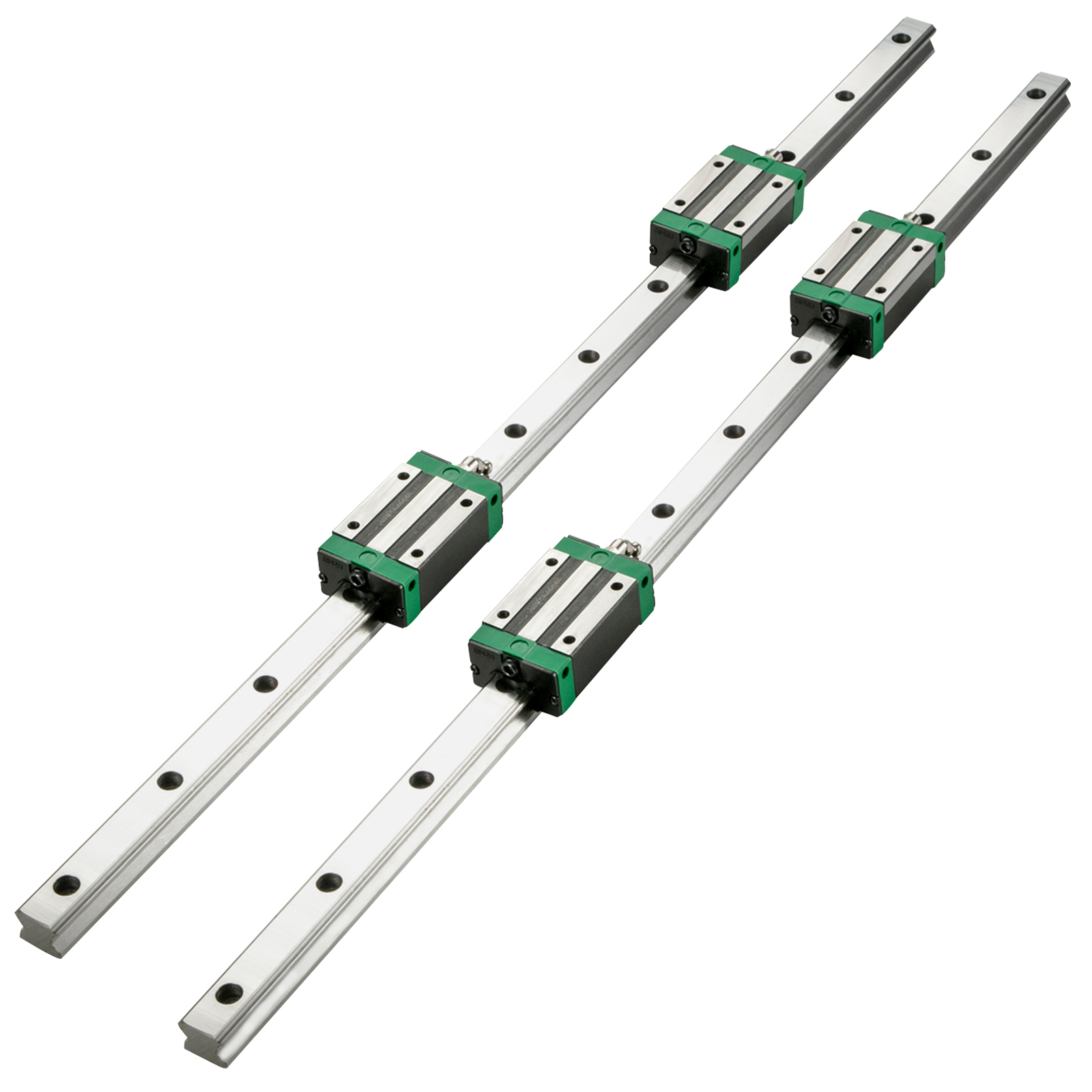 two silver VEVOR linear rail kits with green and black sliding blocks.