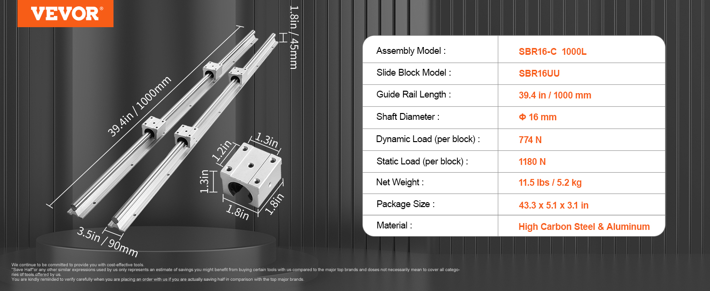 VEVOR linear guide rail set specifications: sbr16-c 1000l, 1000mm rail, 16mm shaft, slide block sbr16uu.