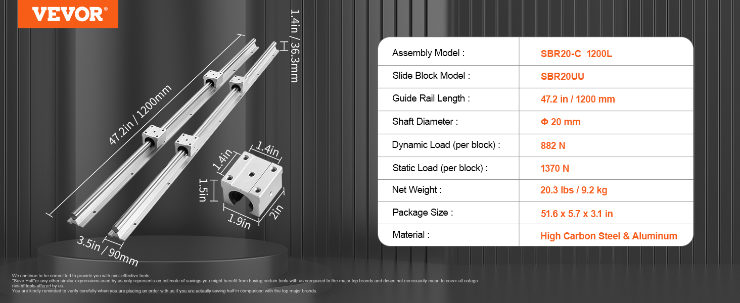 VEVOR linear guide rail set, 47.2in length, 20mm shaft diameter, high carbon steel and aluminum.
