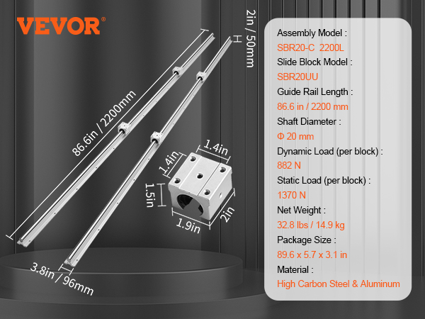 VEVOR cnc router linear rail set with dimensions and specifications on a black background.