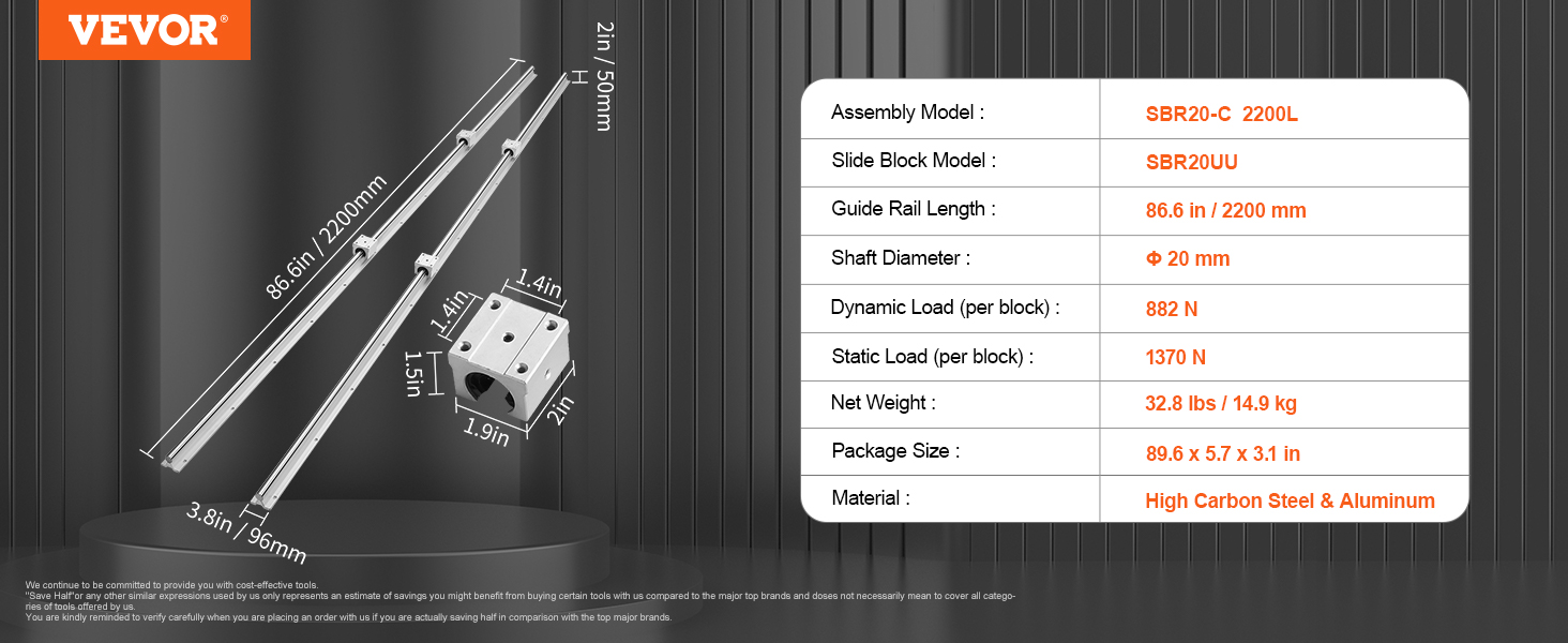 VEVOR cnc router linear rail set with dimensions and specifications on a black background.