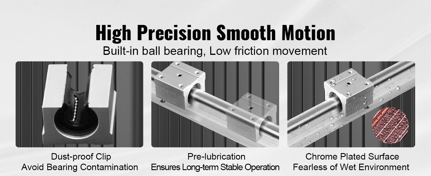 high precision VEVOR cnc router linear rail set with dust-proof clip, pre-lubrication, and chrome-plated surface.