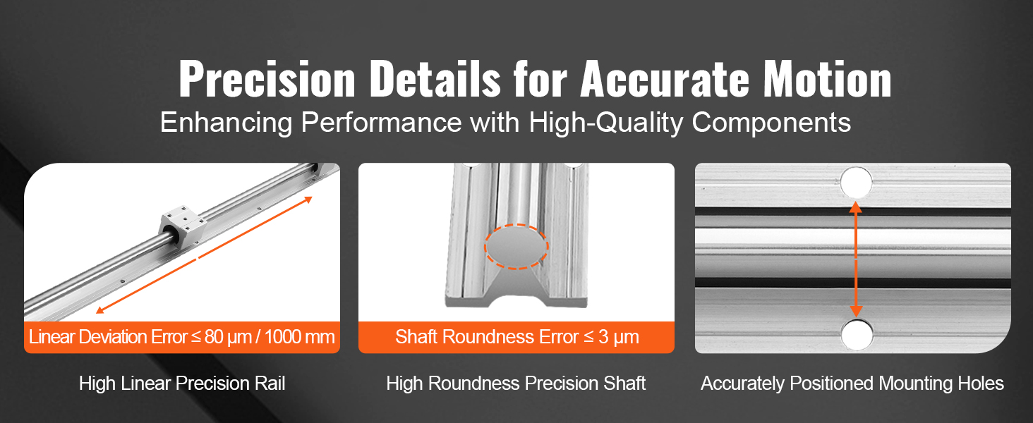 VEVOR cnc router linear rail set precision details: high linear precision rail, precision shaft, mounting holes.