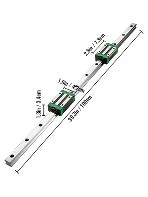 VEVOR linear guide rail with dual carriage blocks and dimension labels.