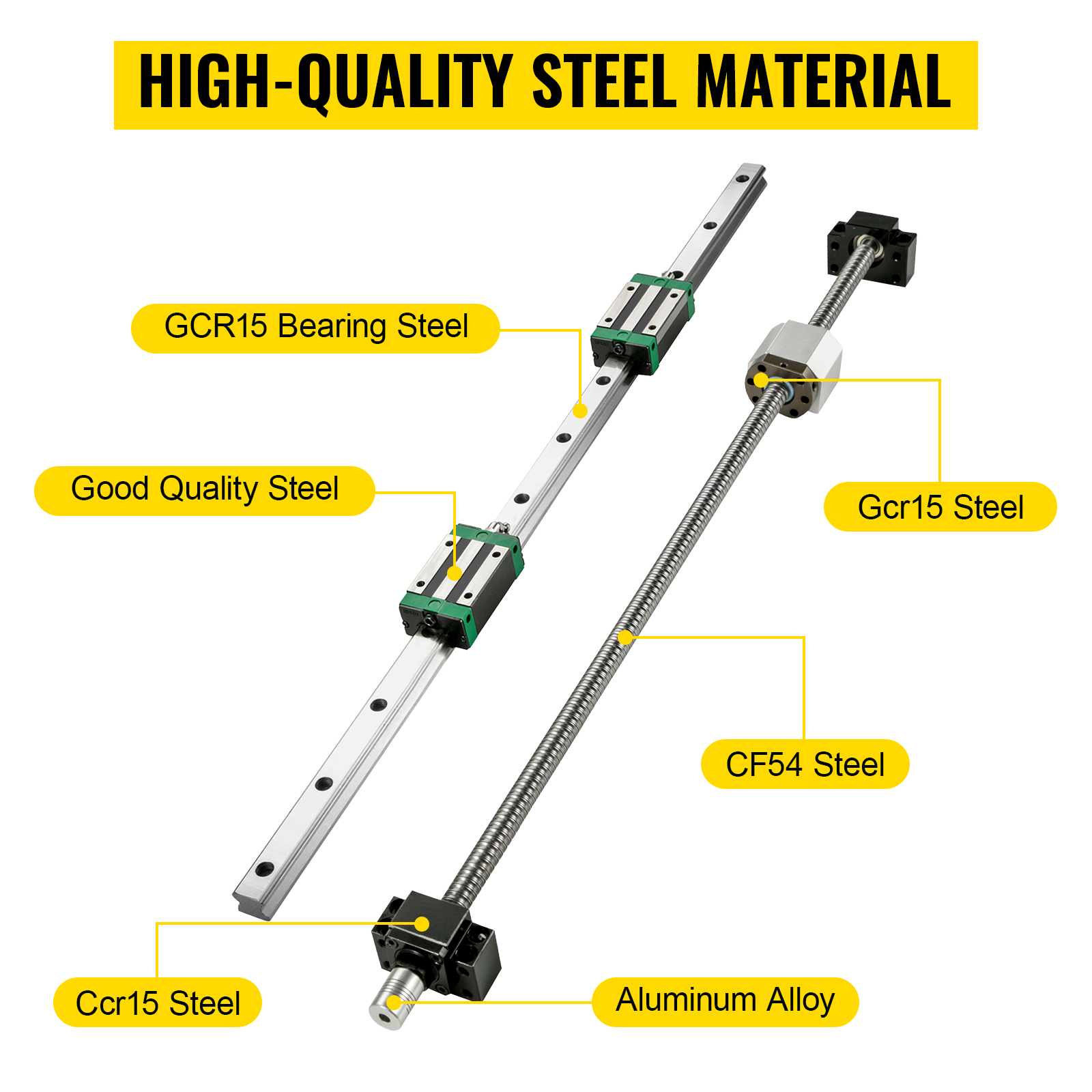 VEVOR linear guide rail made of high-quality steel material, gcr15, cf54, and aluminum alloy.
