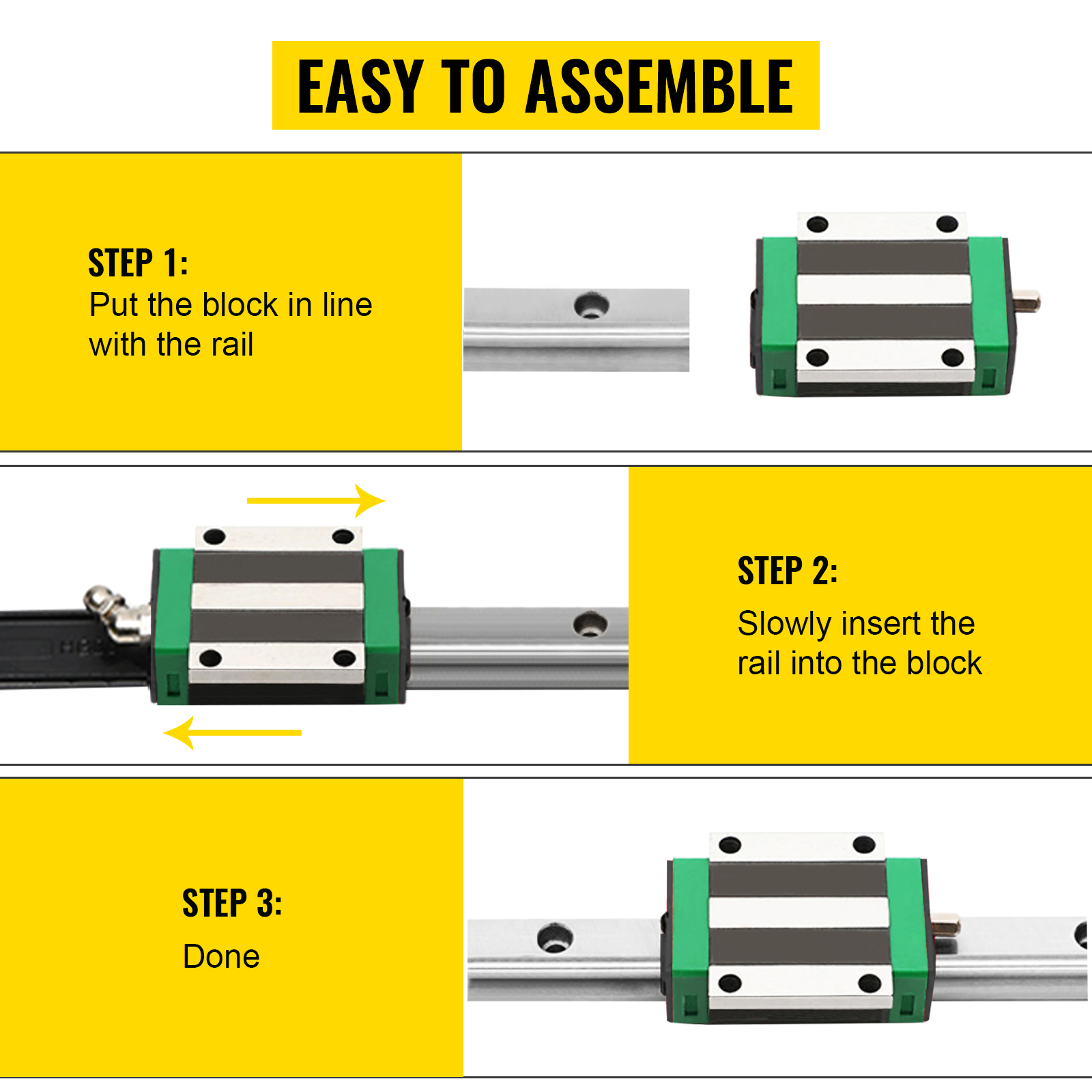 easy assembly steps for VEVOR linear guide rail: align block, insert rail, complete.