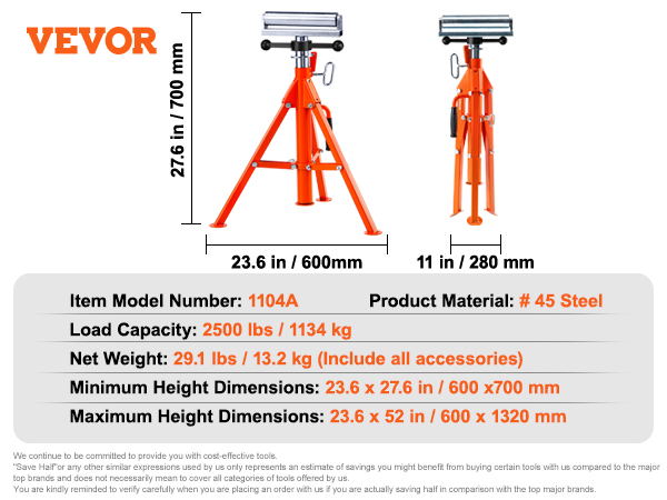 VEVOR roller stand, load capacity 2500 lbs, adjustable height 23.6-52 in, model 1104a, 29.1 lbs.