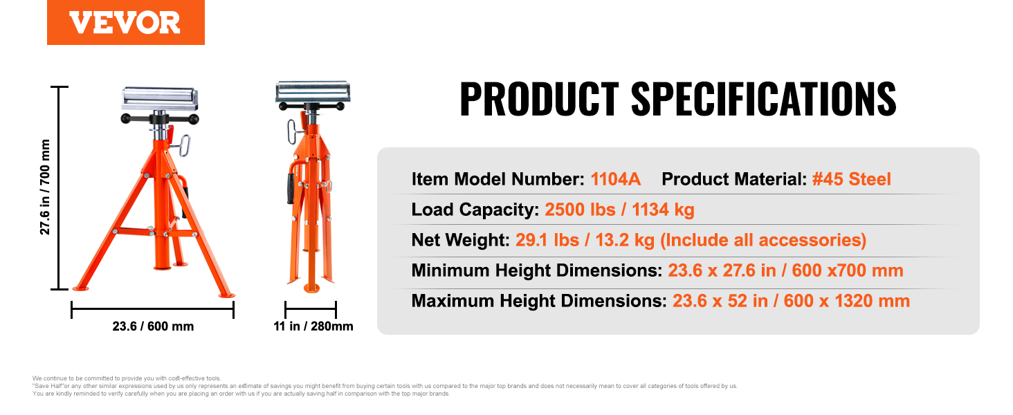 VEVOR roller stand, load capacity 2500 lbs, adjustable height 23.6-52 in, model 1104a, 29.1 lbs.