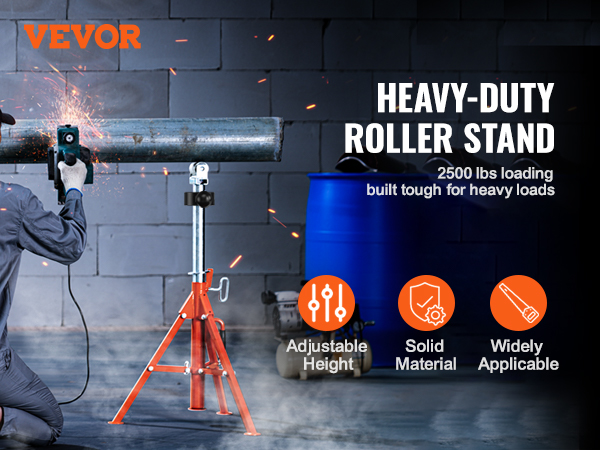 worker using a VEVOR roller stand for grinding metal pipe with sparks flying in an industrial setting.