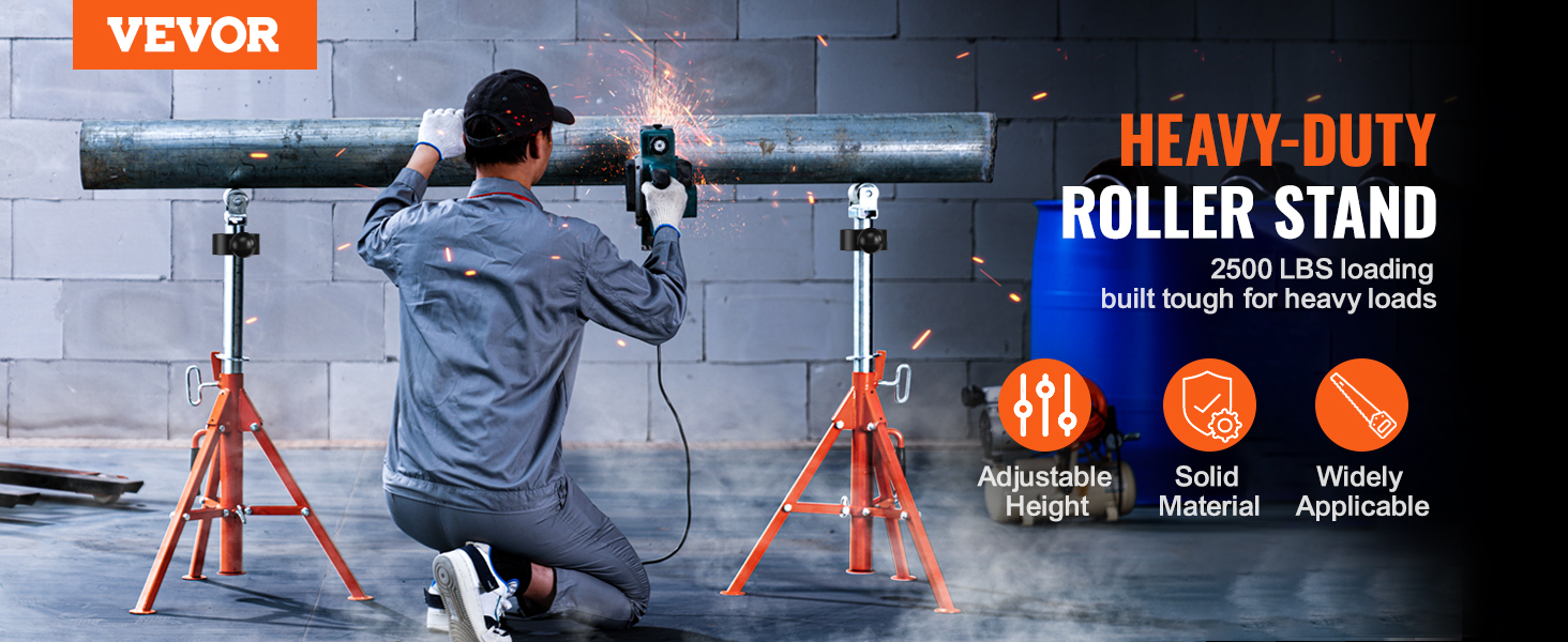 worker using a VEVOR roller stand for grinding metal pipe with sparks flying in an industrial setting.