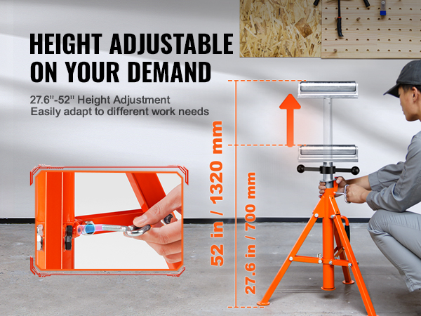 VEVOR roller stand height adjustable from 27.6'' to 52'', easily adapts to different work needs.