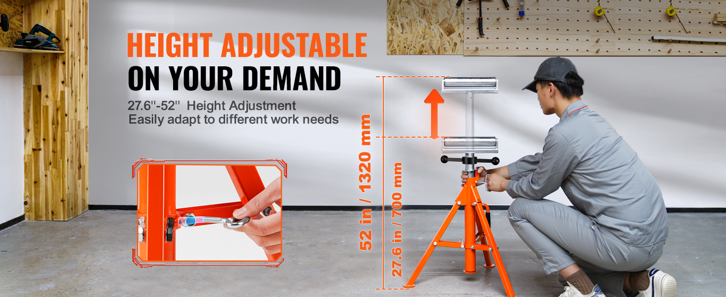 VEVOR roller stand height adjustable from 27.6'' to 52'', easily adapts to different work needs.