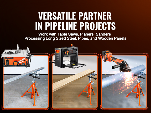 versatile VEVOR roller stand for pipeline projects, shown working with table saws, planers, and grinders.