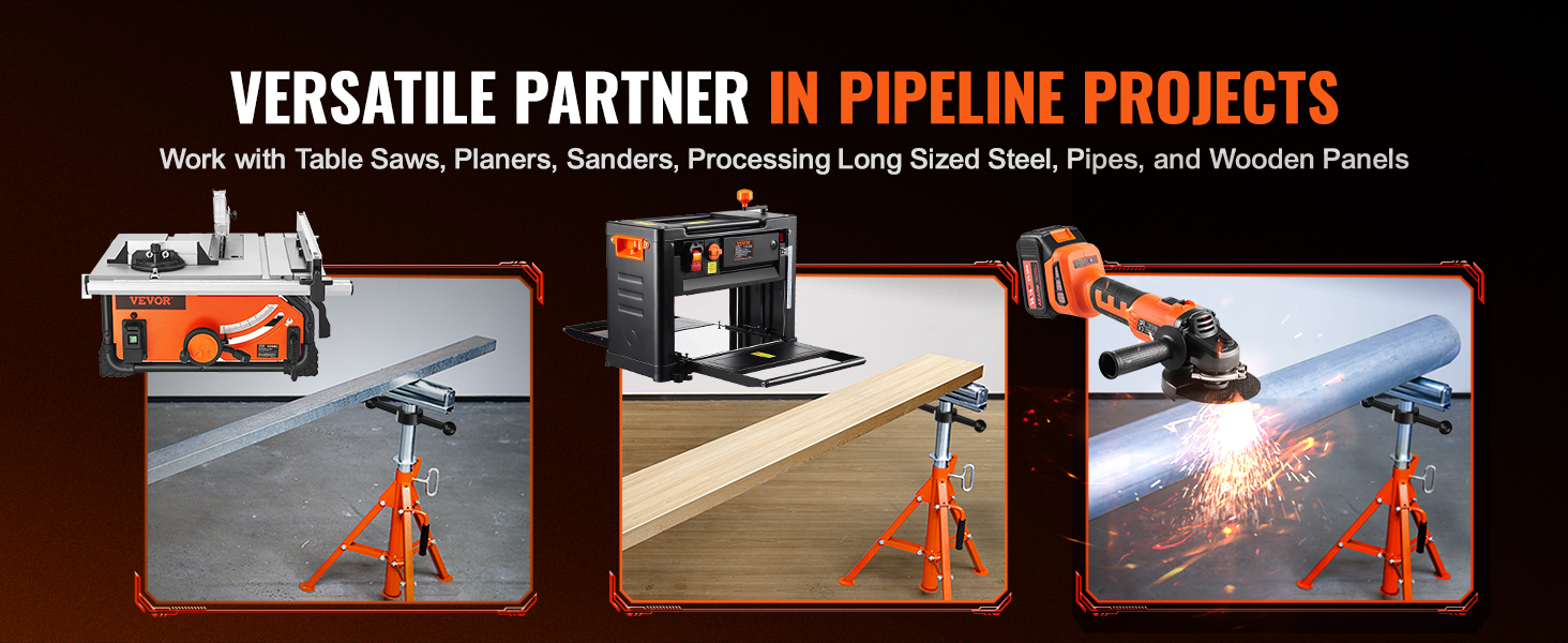 versatile VEVOR roller stand for pipeline projects, shown working with table saws, planers, and grinders.