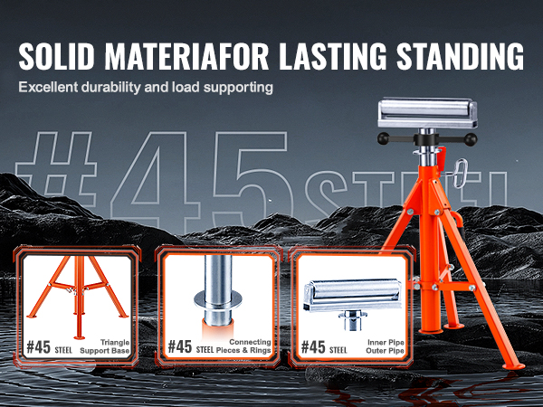 VEVOR roller stand with #45 steel, triangle support base, connecting pieces, and inner pipe outer pipe.
