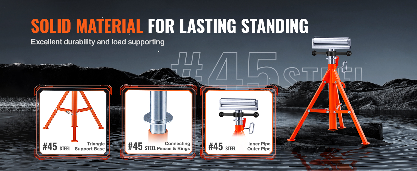 VEVOR roller stand with #45 steel, triangle support base, connecting pieces, and inner pipe outer pipe.