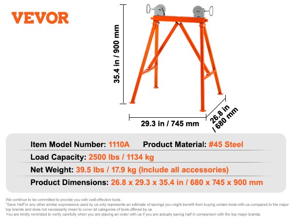 VEVOR pipe stand specs: 2500 lbs capacity, 39.5 lbs weight, 26.8 x 29.3 x 35.4 in dimensions, #45 steel.