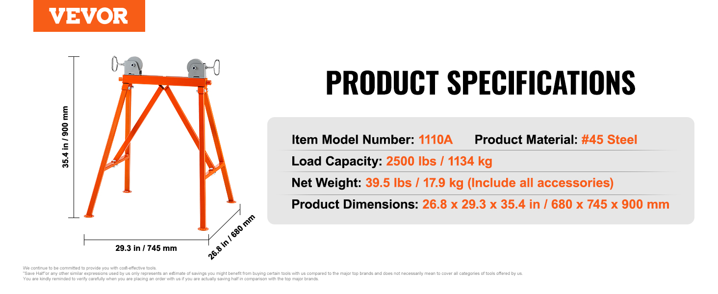 VEVOR pipe stand specs: 2500 lbs capacity, 39.5 lbs weight, 26.8 x 29.3 x 35.4 in dimensions, #45 steel.