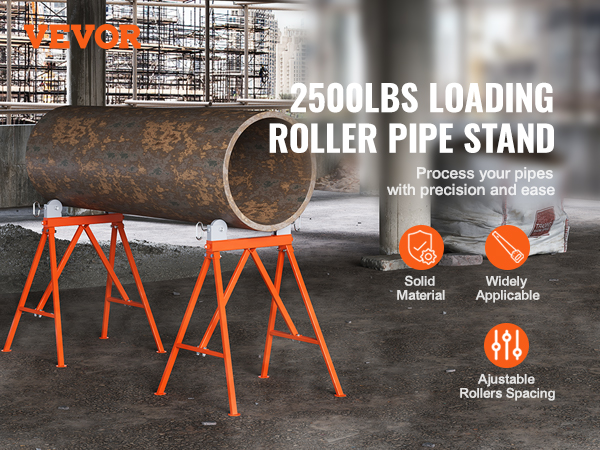 VEVOR pipe stand with adjustable rollers, supporting 2500lbs, shown in an industrial setting.