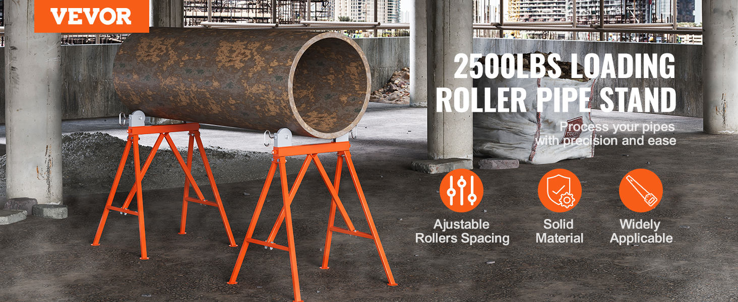 VEVOR pipe stand with adjustable rollers, supporting 2500lbs, shown in an industrial setting.