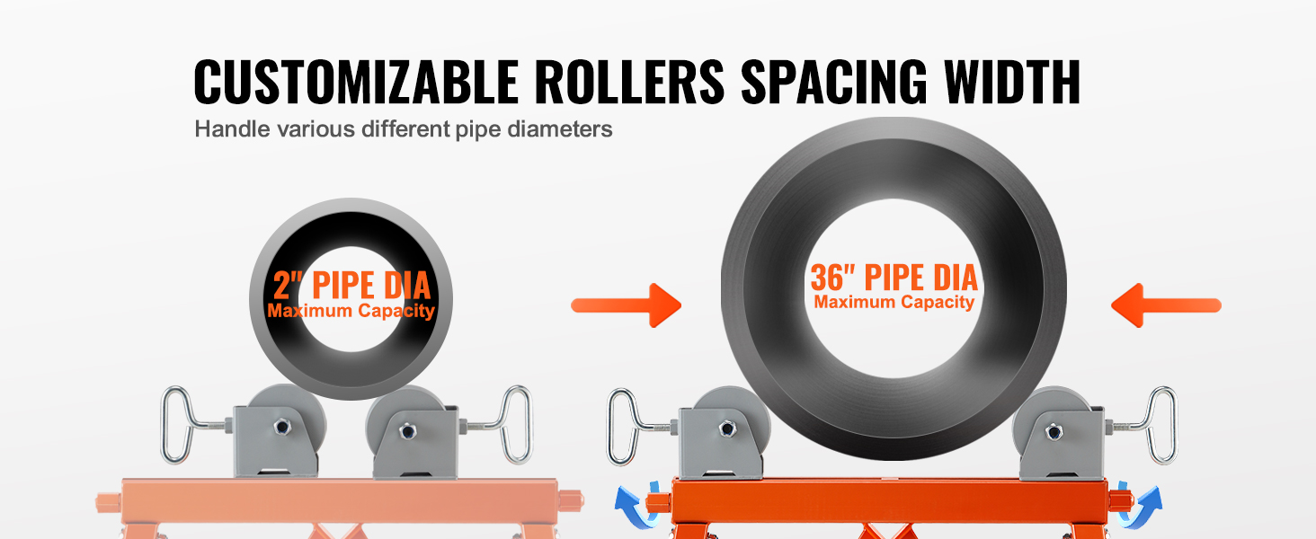 VEVOR pipe stand adjustable rollers for 2" to 36" pipe diameters, customizable spacing width.