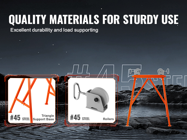 VEVOR pipe stand with #45 steel, triangle support base, and rollers for excellent durability.