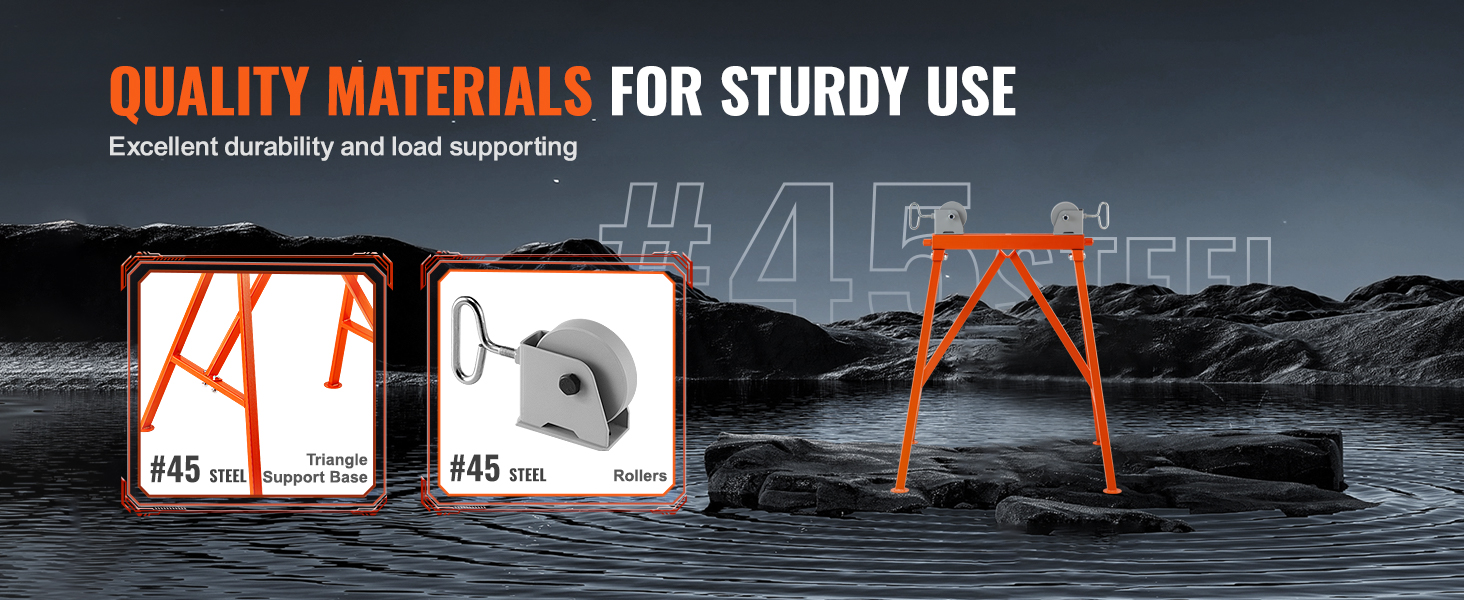 VEVOR pipe stand with #45 steel, triangle support base, and rollers for excellent durability.