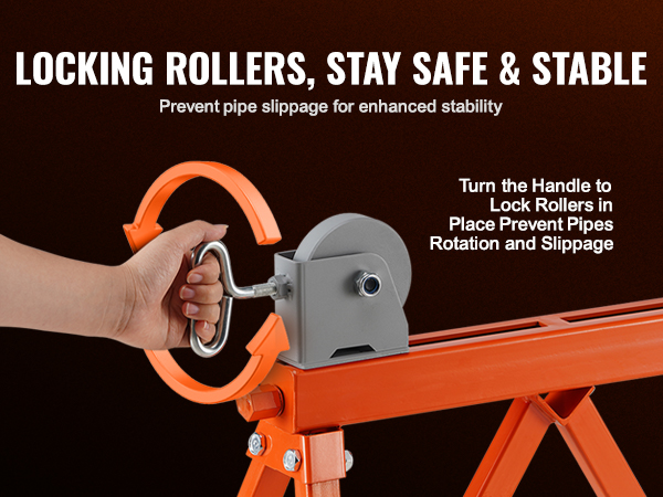 hand turning handle on orange VEVOR pipe stand to lock rollers, ensuring stability and preventing slippage.