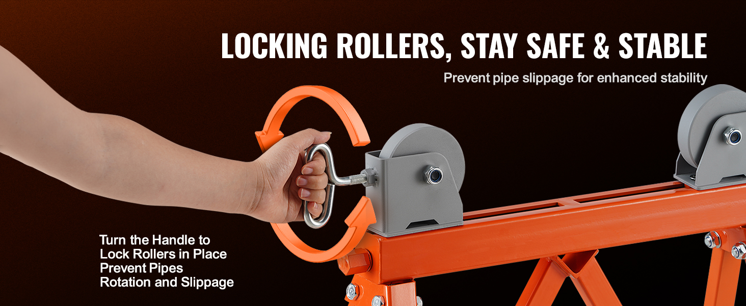 hand turning handle on orange VEVOR pipe stand to lock rollers, ensuring stability and preventing slippage.