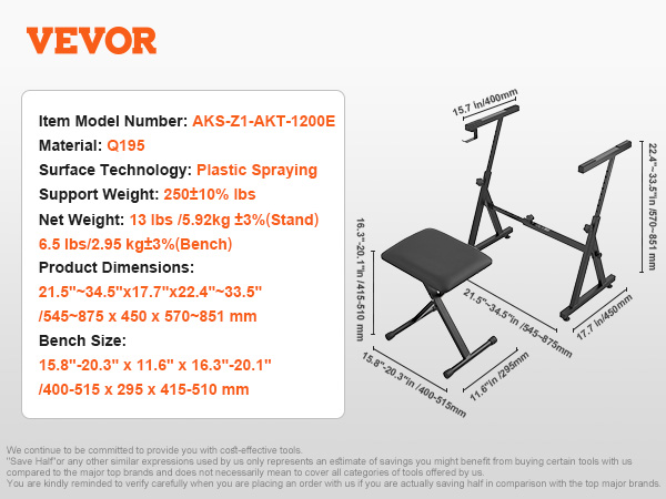 VEVOR piano keyboard stand and bench, model aks-z1-akt-1200e, with adjustable dimensions and support specs.