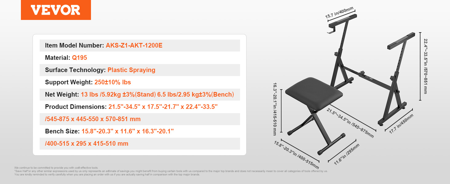 VEVOR piano keyboard stand and bench, model aks-z1-akt-1200e, with adjustable dimensions and support specs.