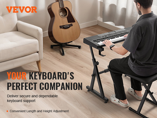 VEVOR piano keyboard stand supporting a keyboard near a guitar and cushioned seating in a cozy room.