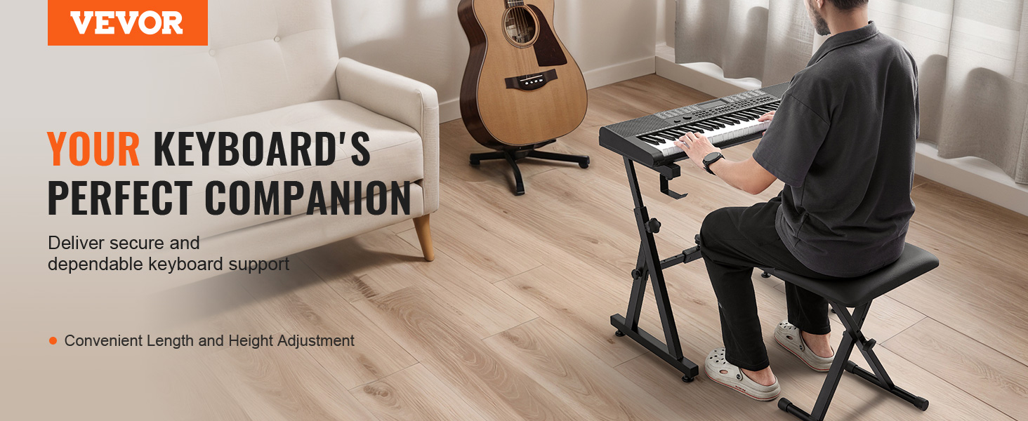 VEVOR piano keyboard stand supporting a keyboard near a guitar and cushioned seating in a cozy room.