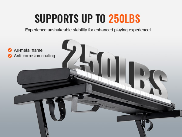 VEVOR piano keyboard stand supporting 250lbs, featuring an all-metal frame and anti-corrosion coating.
