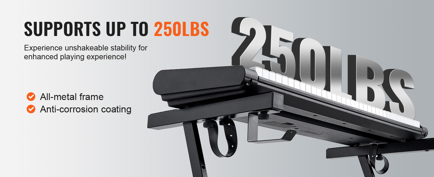 VEVOR piano keyboard stand supporting 250lbs, featuring an all-metal frame and anti-corrosion coating.