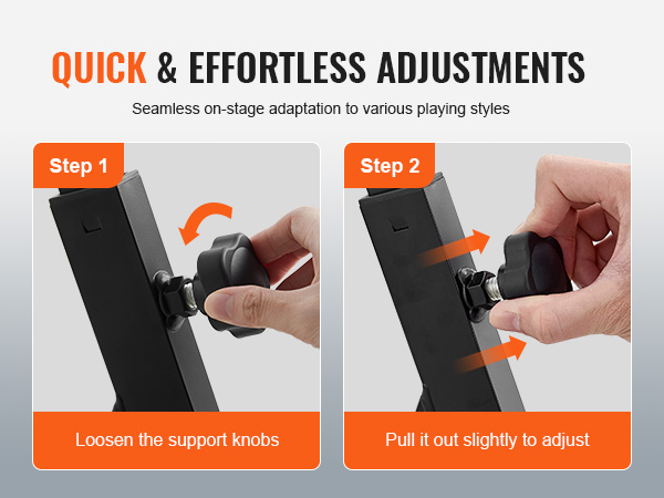 quick adjustments for VEVOR piano keyboard stand using support knobs; two steps shown for easy setup.