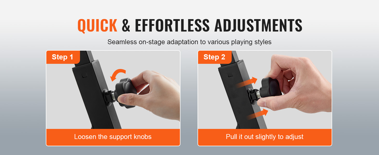 quick adjustments for VEVOR piano keyboard stand using support knobs; two steps shown for easy setup.