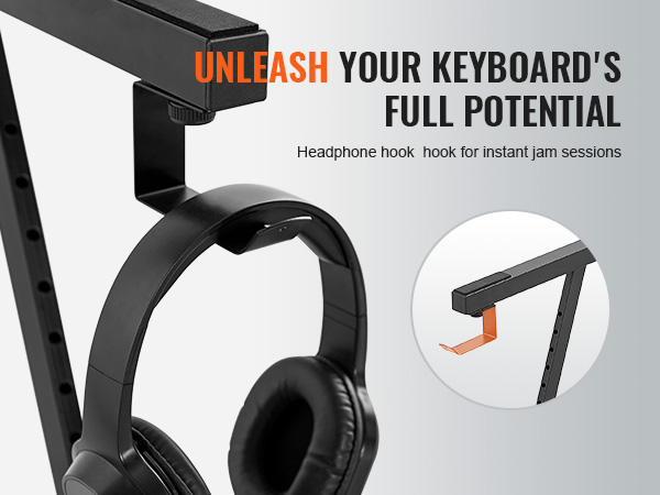 headphone hook on a VEVOR piano keyboard stand for convenient storage and easy access during sessions.