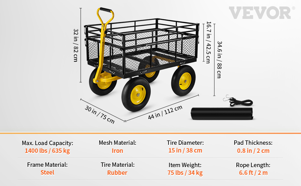 VEVOR steel garden cart with yellow wheels, iron mesh, 1400 lbs capacity, dimensions, and specifications.