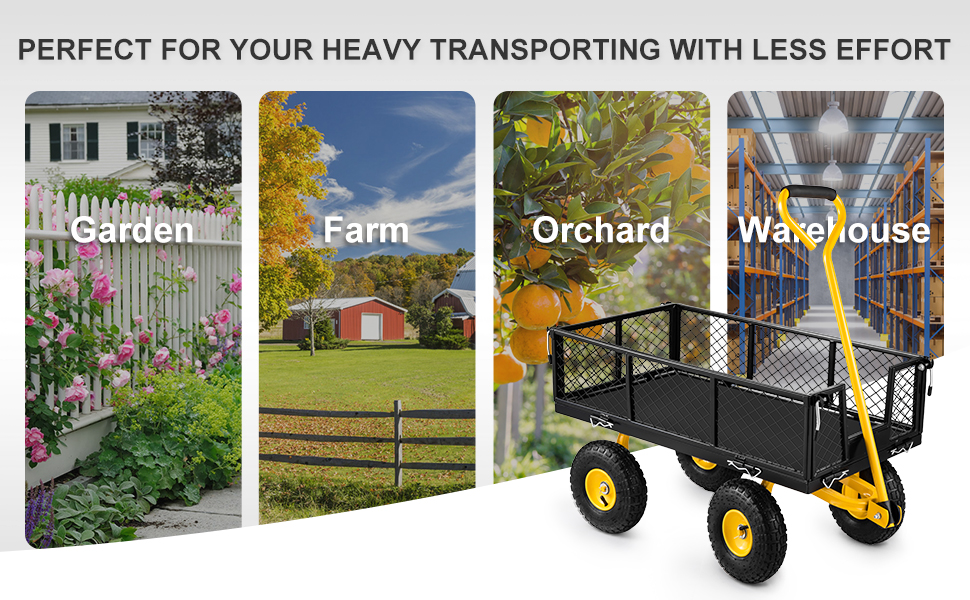 VEVOR steel garden cart for easy transport in gardens, farms, orchards, and warehouses.