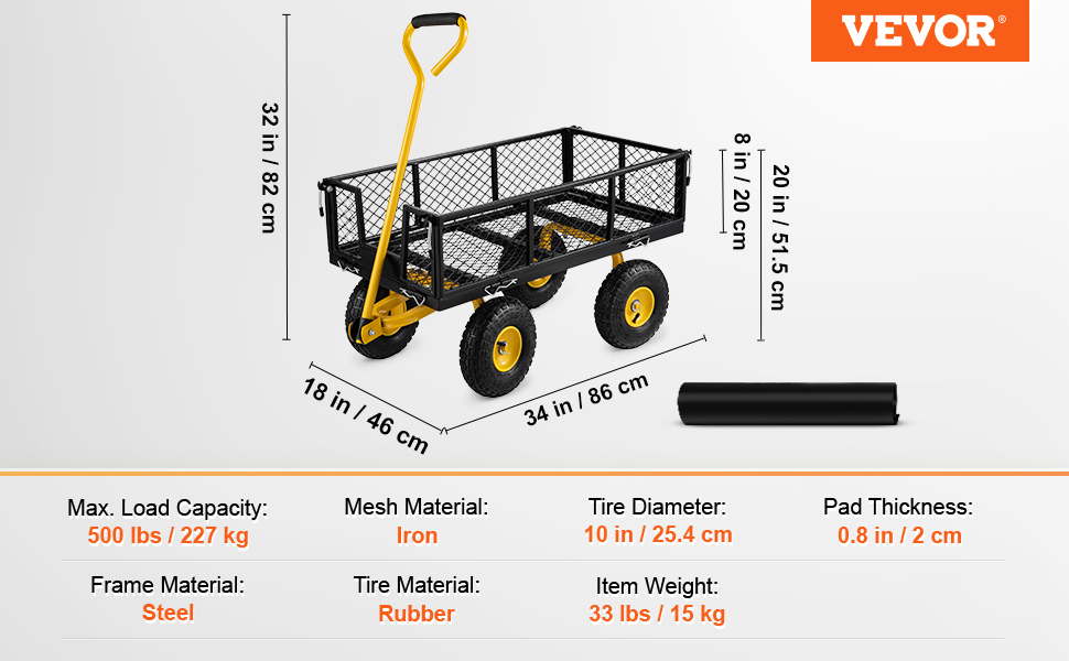 VEVOR steel garden cart with iron mesh, 10-inch rubber tires, and 500 lbs capacity. dimensions: 34"x18"x32".