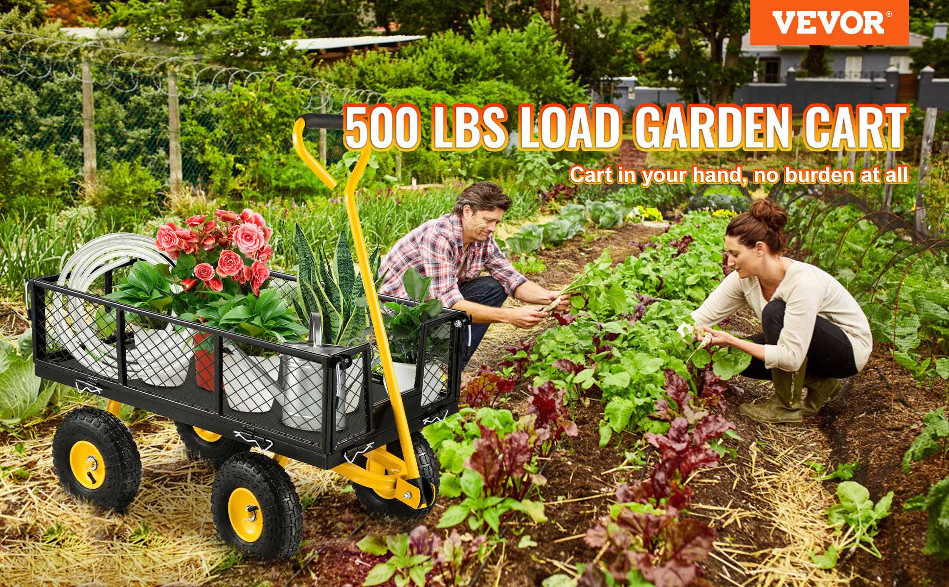 VEVOR steel garden cart carrying plants and tools in a lush garden, showcasing a 500 lbs load capacity.