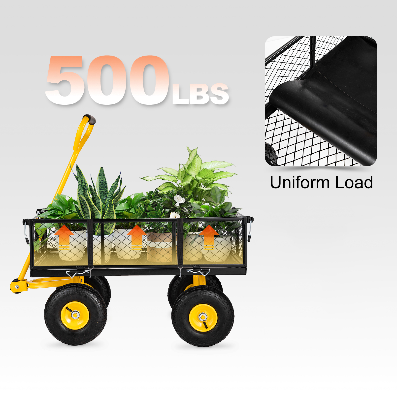 VEVOR steel garden cart carrying plants with a 500 lbs load capacity and uniform load distribution.