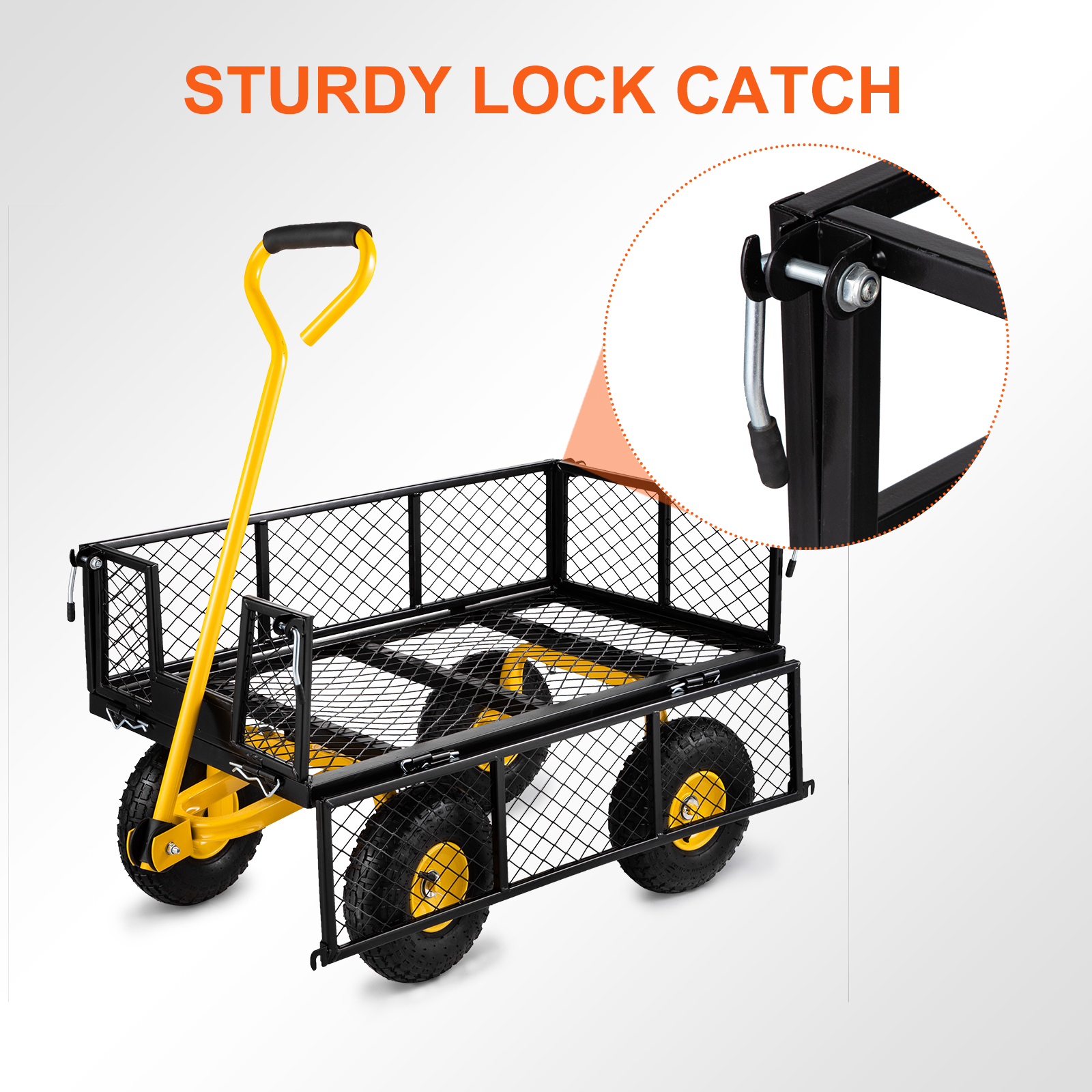 VEVOR steel garden cart with sturdy lock catch, yellow handle, and mesh sides on black frame.