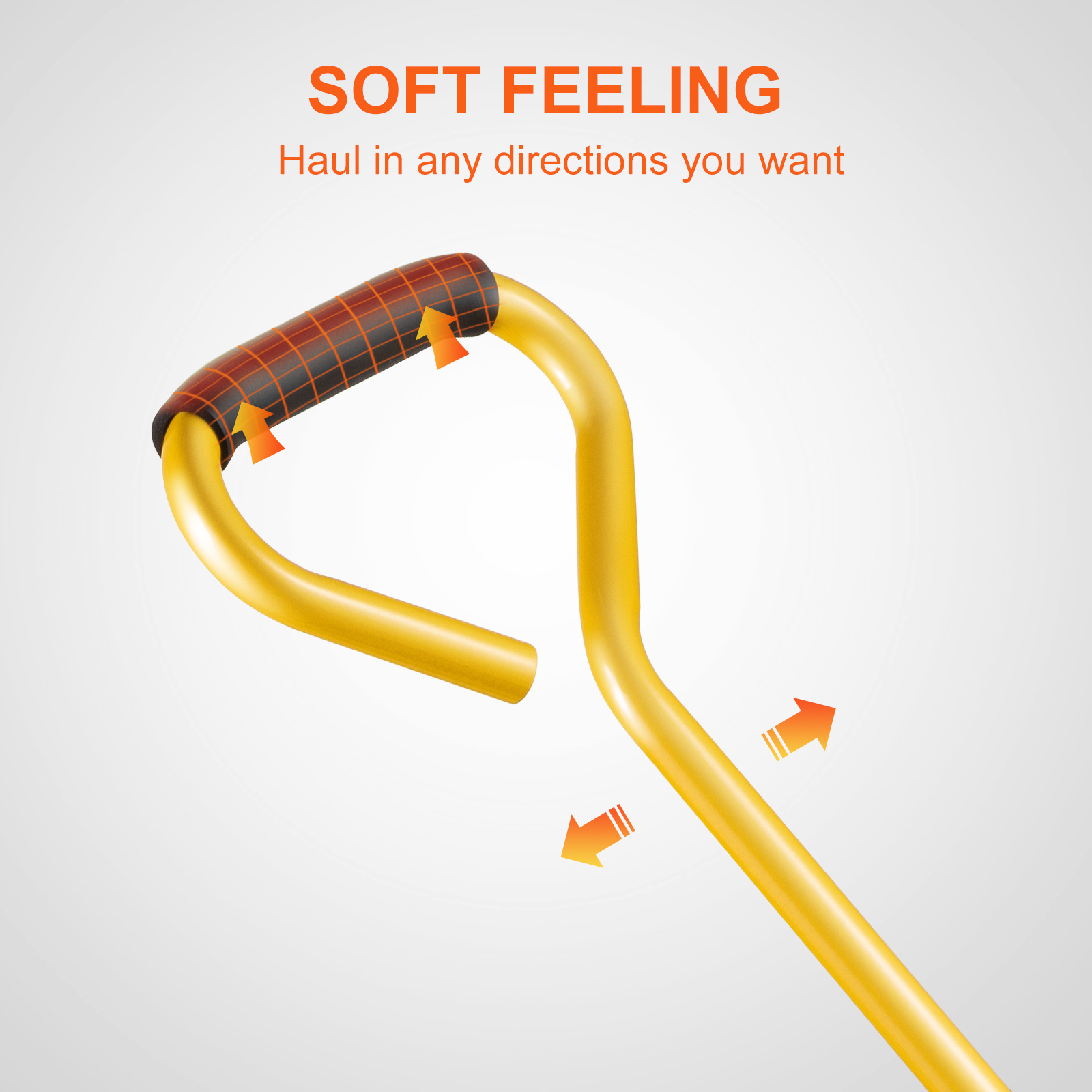 handle of VEVOR steel garden cart with ergonomic soft grip and arrows showing multi-directional movement.