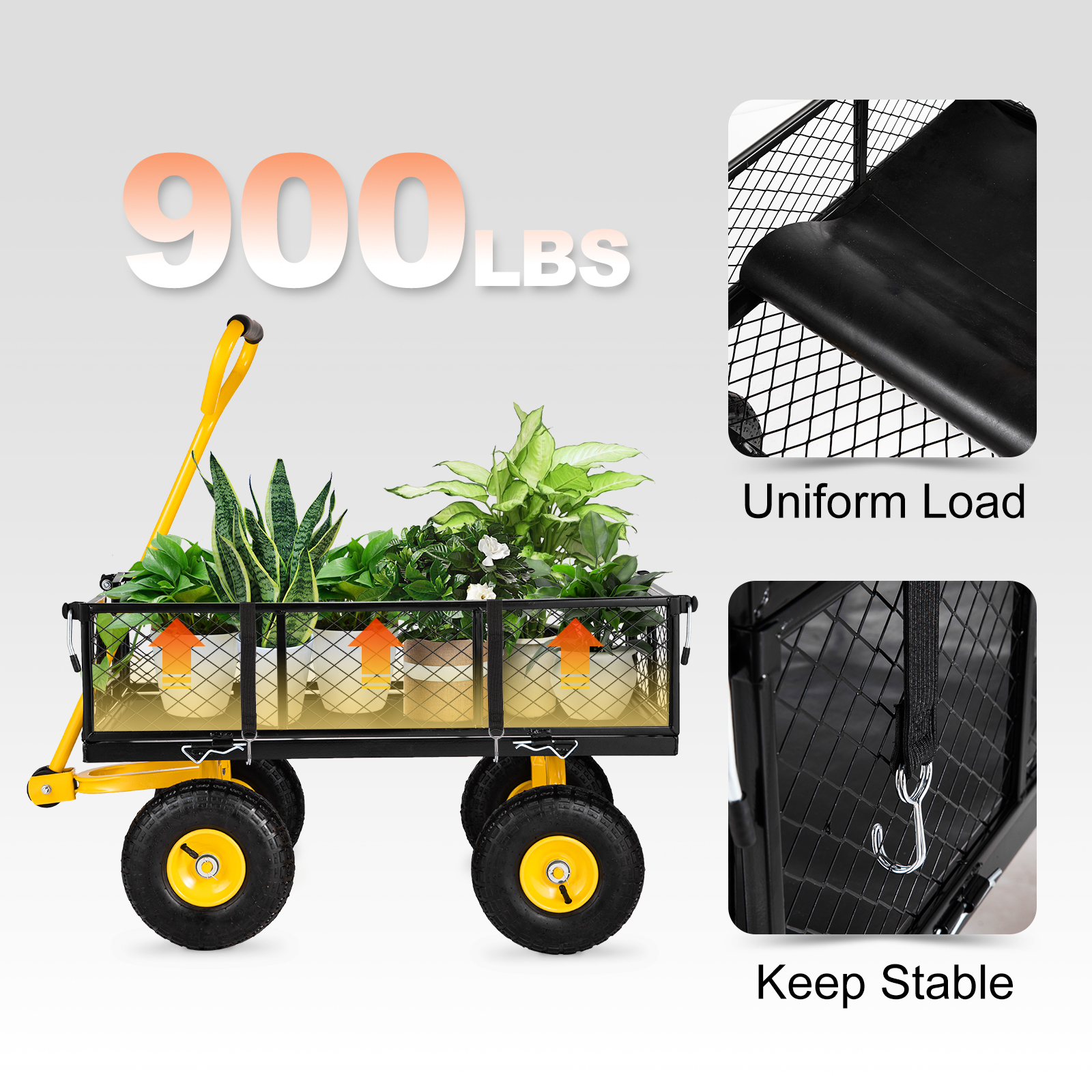 VEVOR steel garden cart with 900 lbs capacity, uniform load, and stability features.